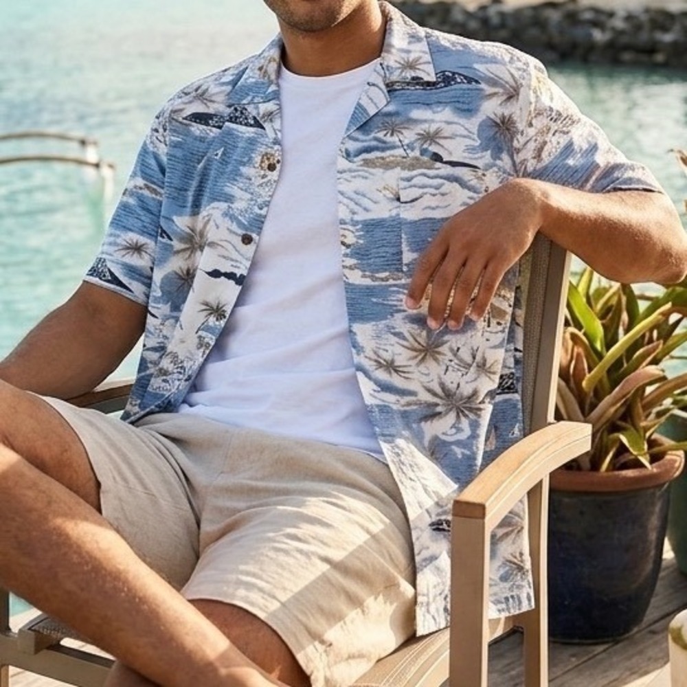 Milano Bay Mens XL Hawaiian Shirt Palm Tree Island Print Blue Casual Button Up